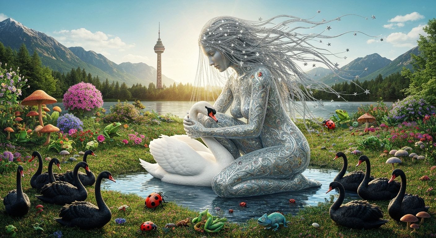 Cosmic Surrealism: Female Figure Embraces Swan in Biolumines...