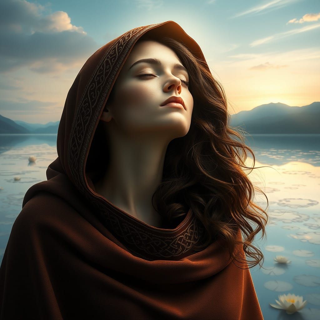 Serenely Standing Woman by Endless Lake in Ethereal Light