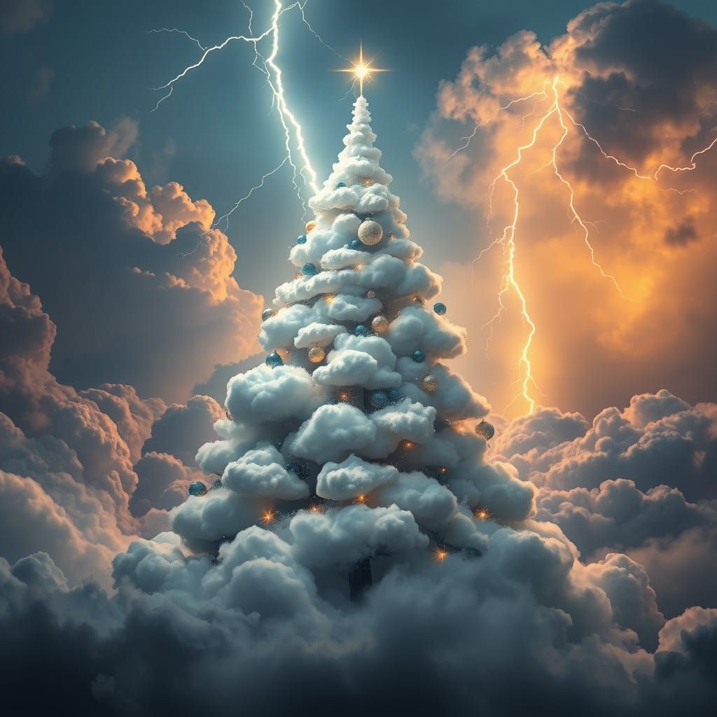 Majestic Cloud Christmas Tree Under Dramatic Lightning Boom