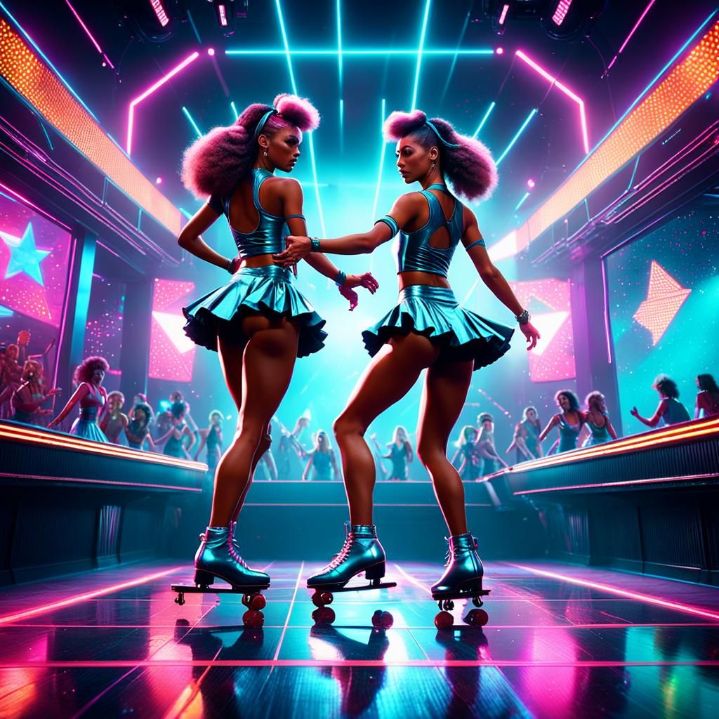 Girls' Dance Competition on Skates in 80s Disco