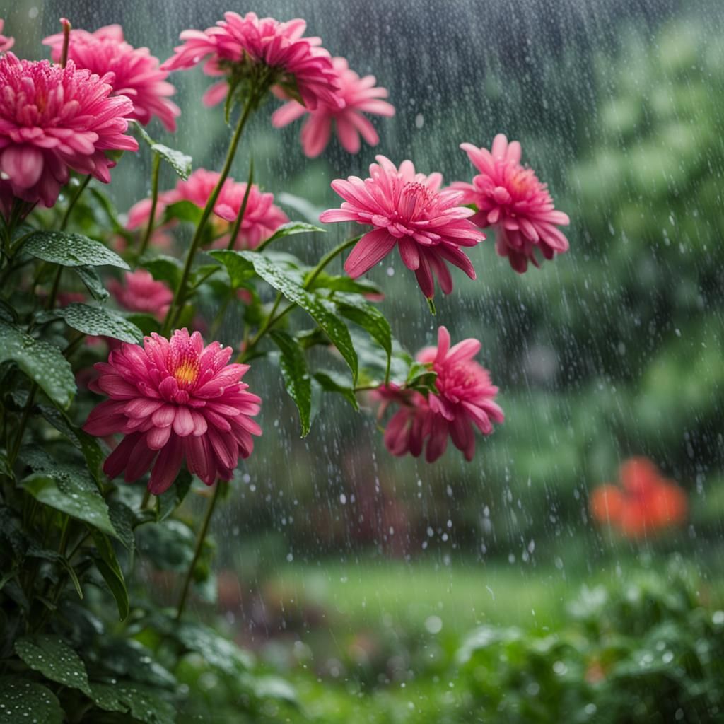 Heavy Rain on Lush Yard Seen Through Window