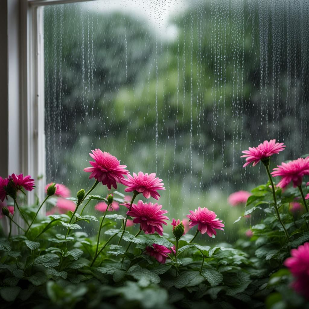 Rainy Window View of Lush Flower Garden