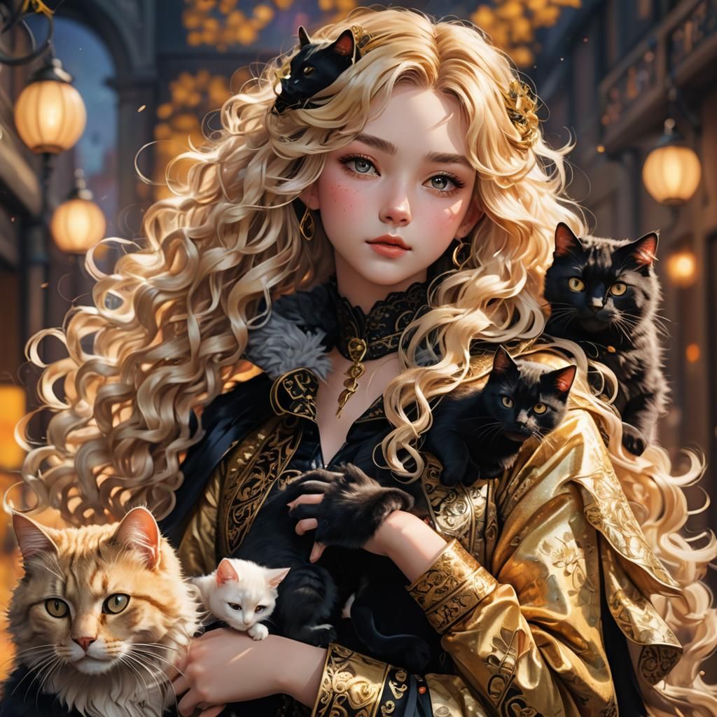Blonde Woman with Cats in 3D Anime Style