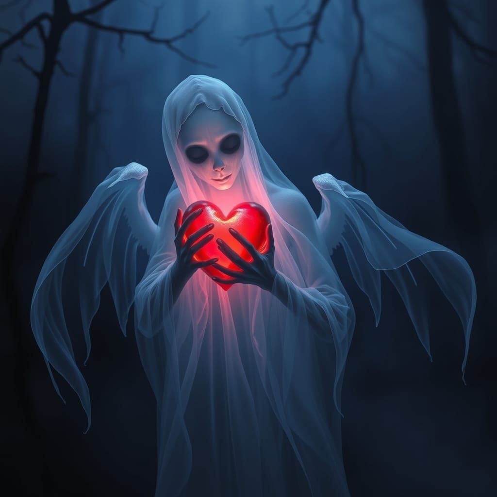 Ethereal Ghost Cradles Luminous Red Heart