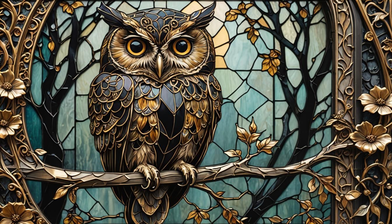 Stained Glass Owl in Expressionist Illustration Style
