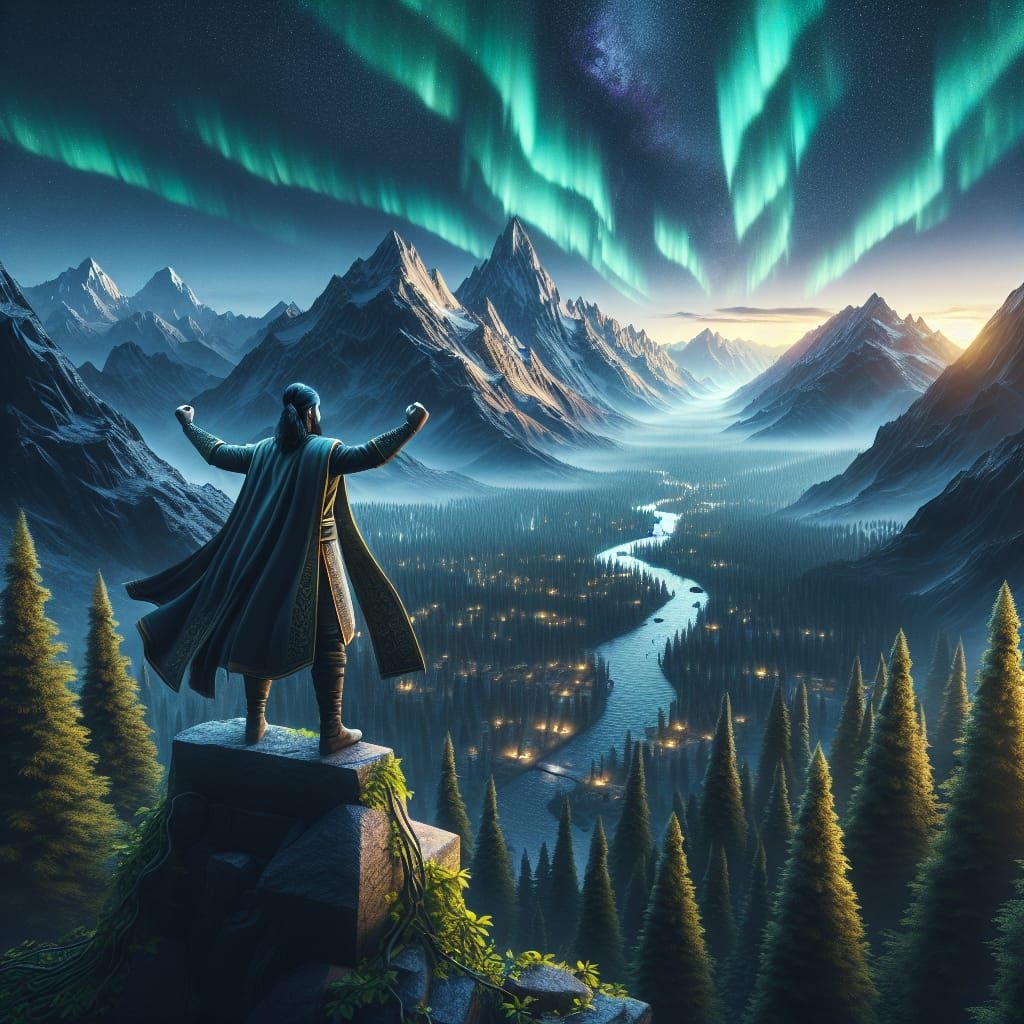 Mountain Peak Triumph Under Northern Lights