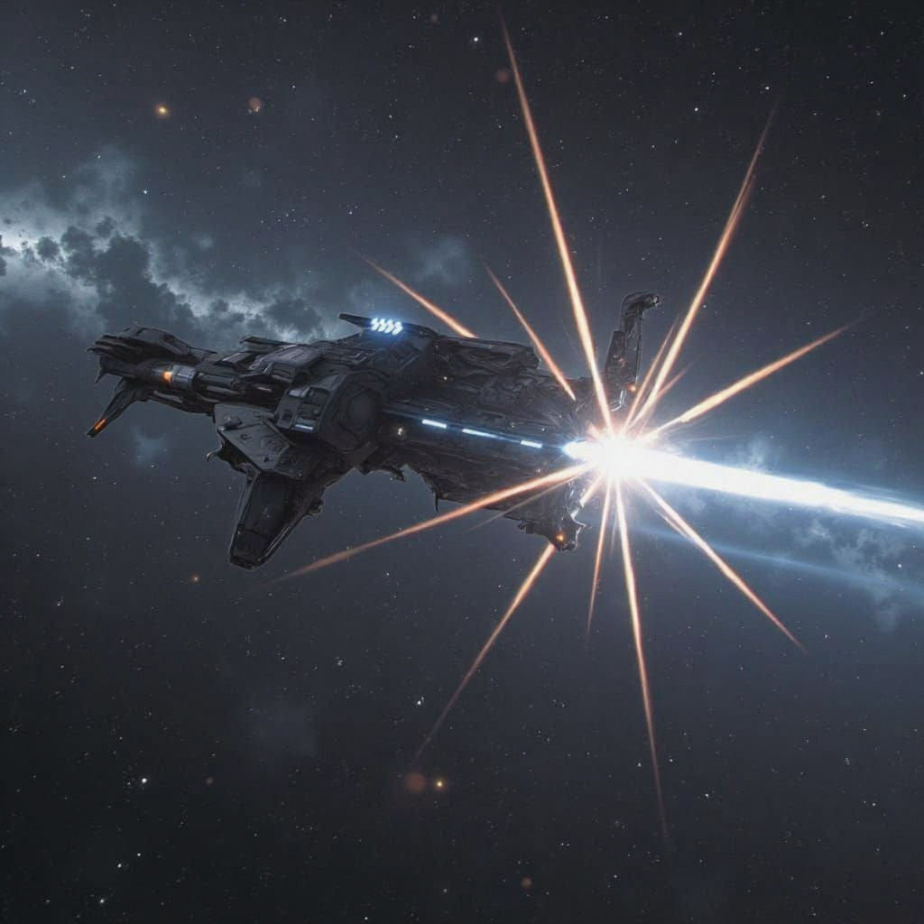 Spaceship Fires Lasers at Star in Deep Space