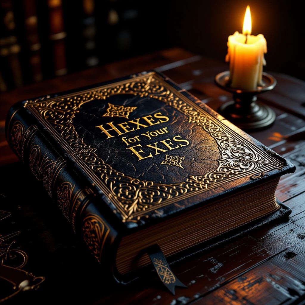 Antique Spell Book "HEXES for Your EXES" in Dramatic Light
