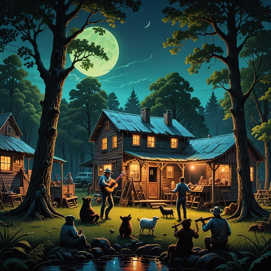 Retro Hillbilly Hoedown Scene in Neon Colors