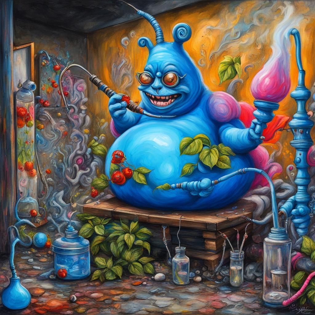 Whimsical Caterpillar Smoking Hookah in Graffiti Art