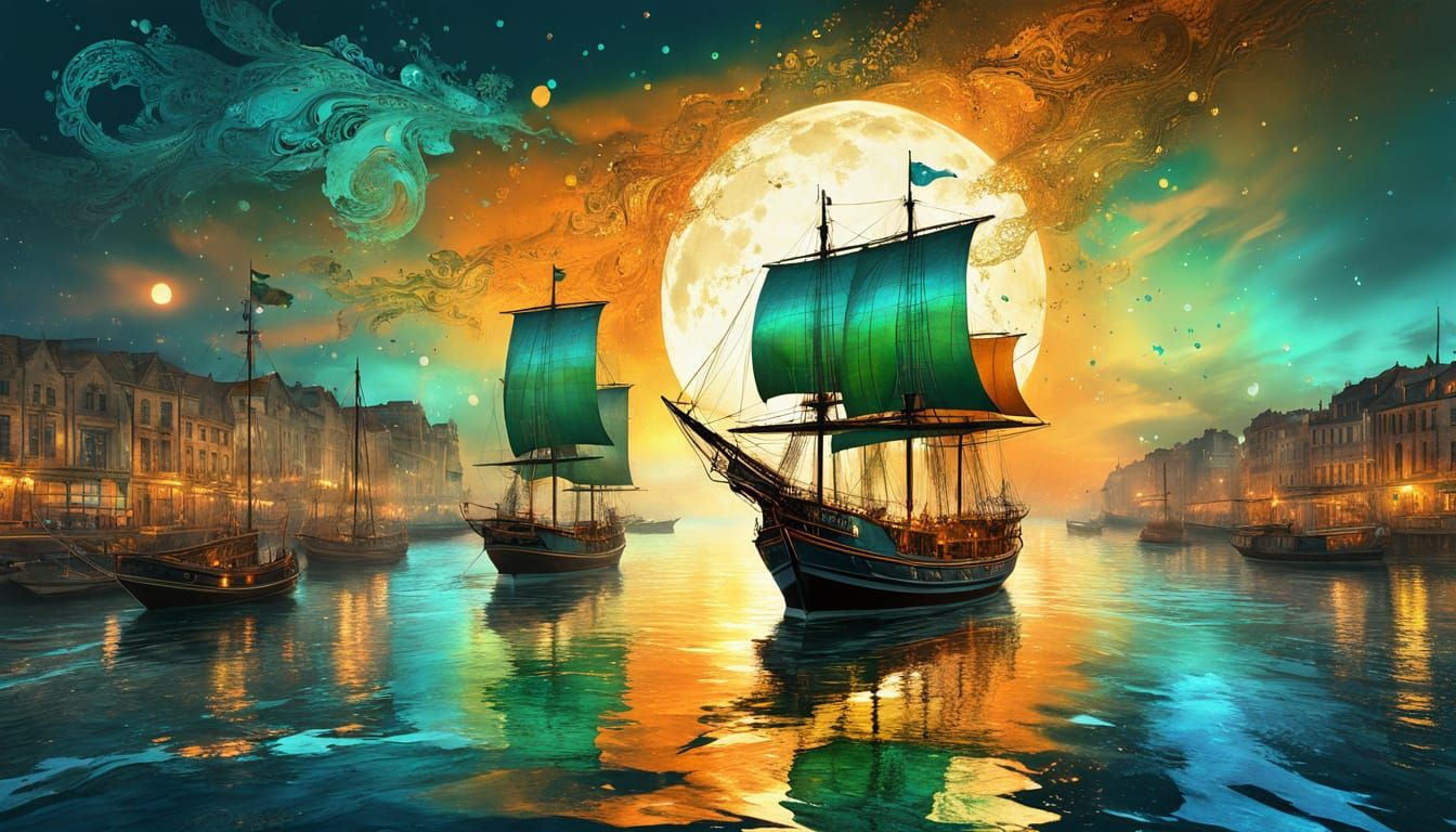 Golden Sunset: Sailing Ships in Abstract Watercolor Style