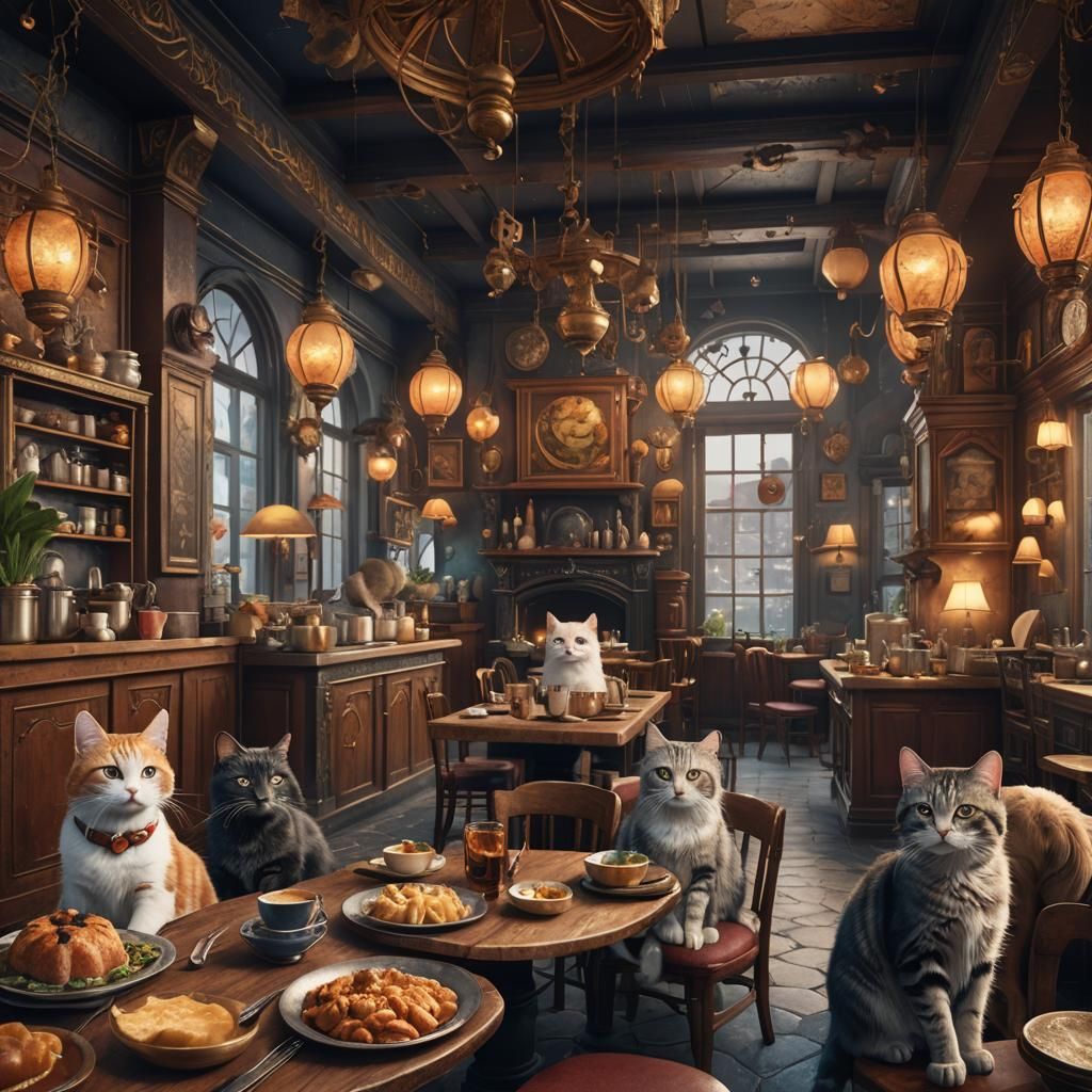 Cats in a Cat Restaurant: Fantasy Concept Art