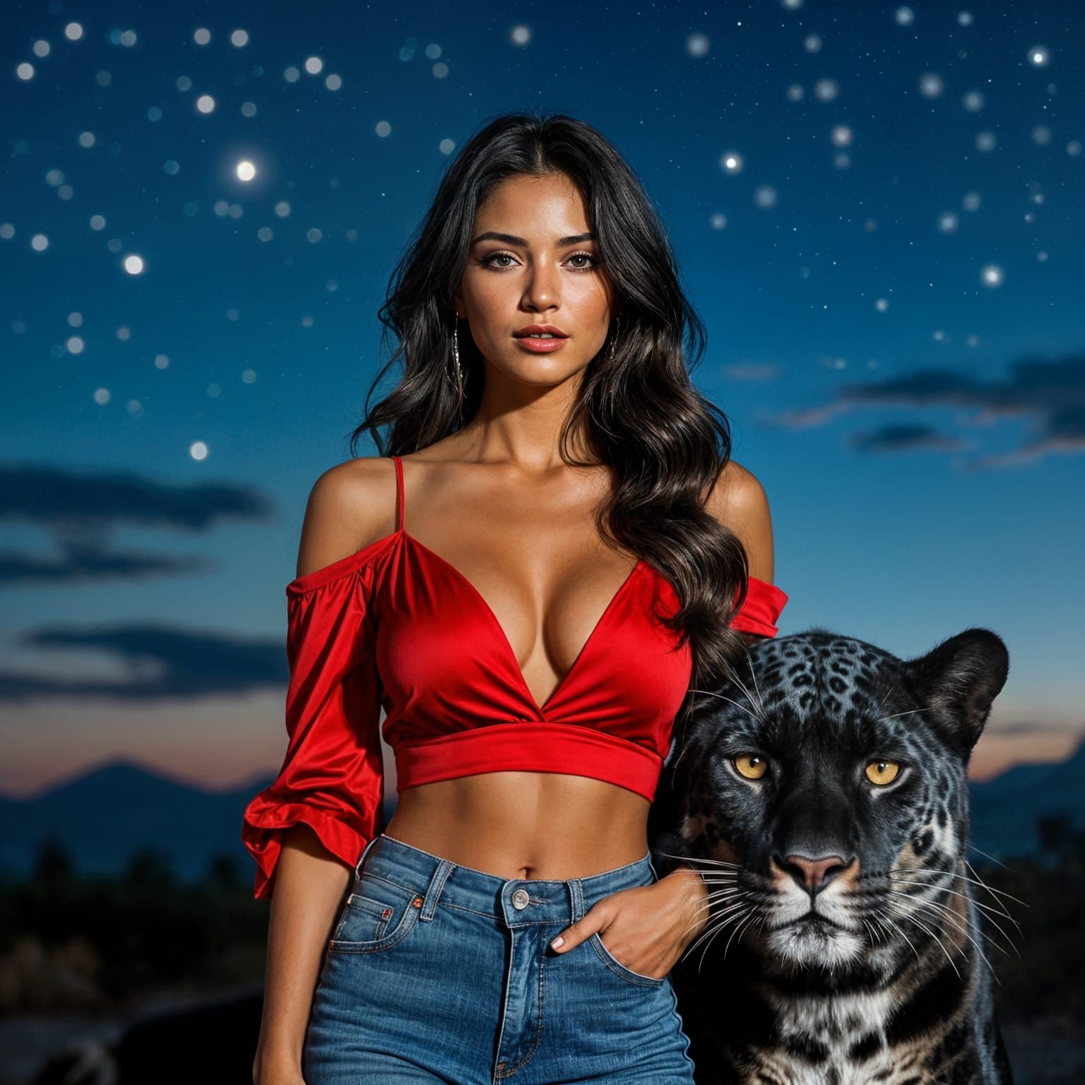 Brunette Woman with Jaguar Portrait in Realistic Style