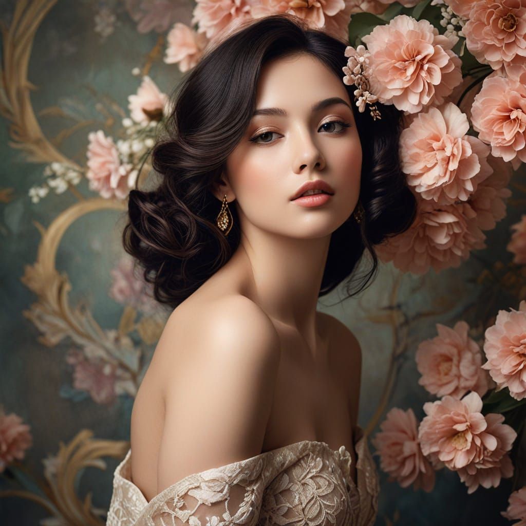 Ethereal Art Nouveau Woman in Lace and Bloom