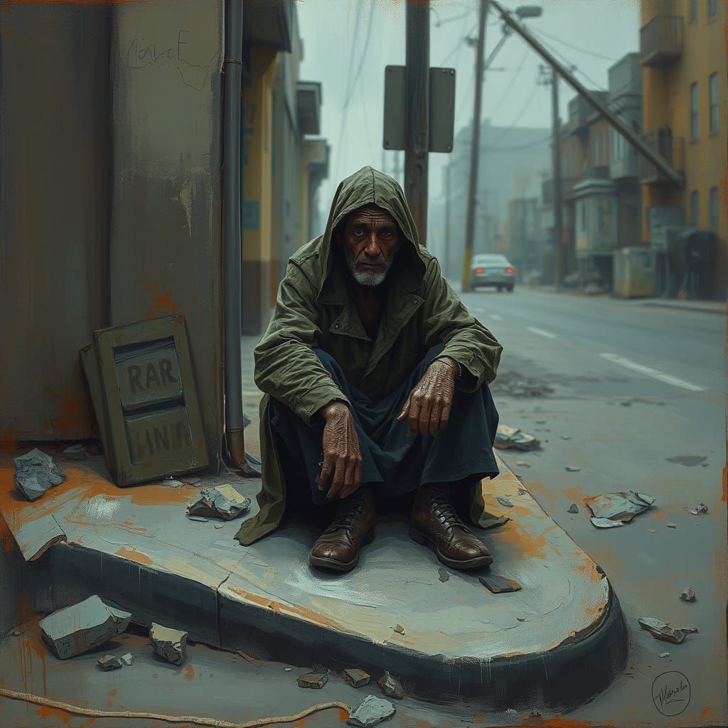 Urban Impressionism: Destitute Person on Street Corner