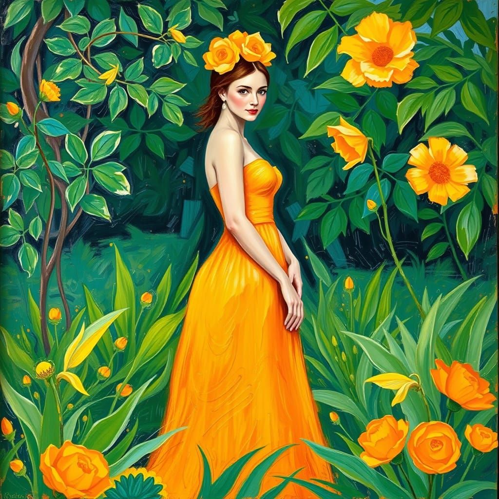 Lady in Orange Dress, Impasto Painting Style