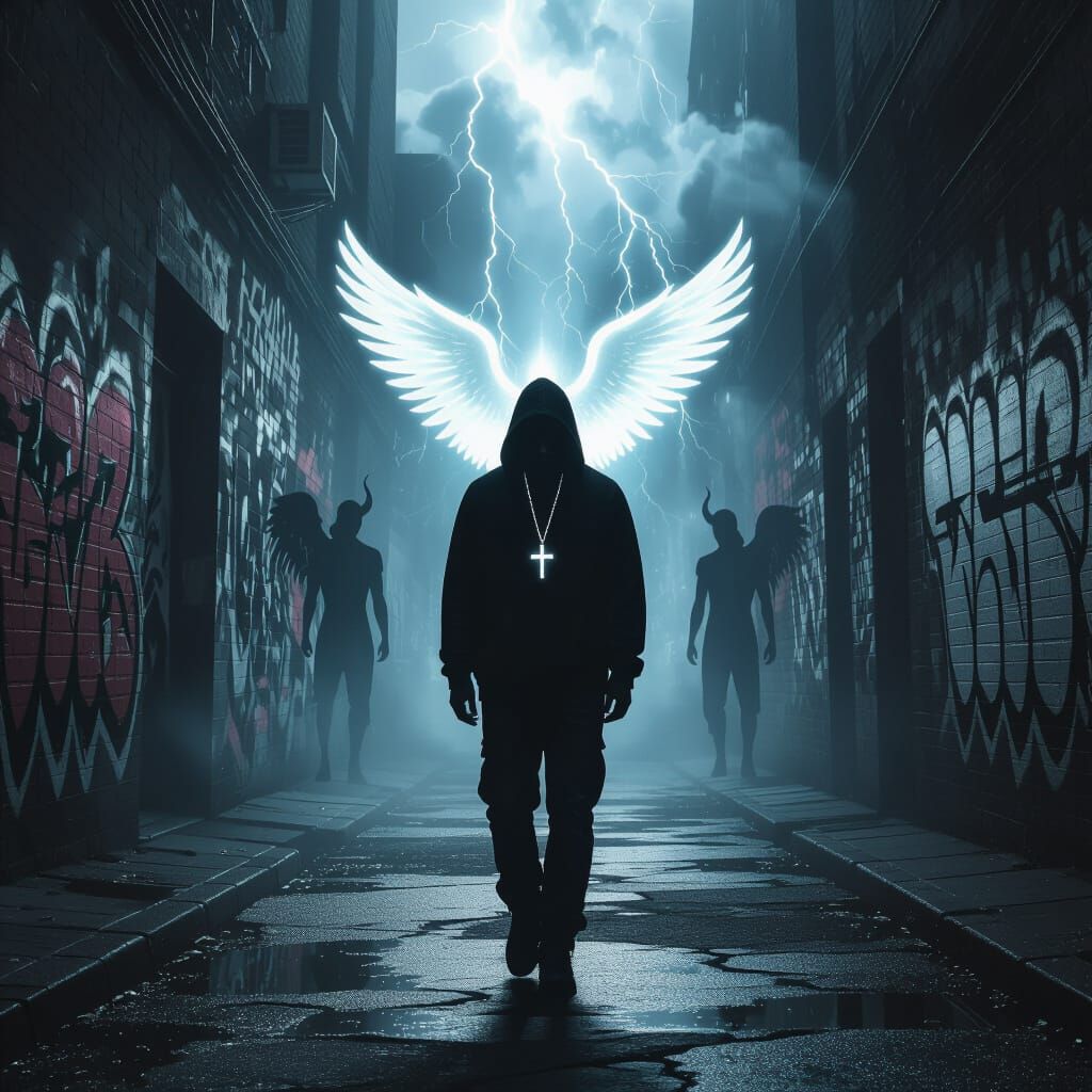 Faith in Shadow: Divine Light Guides Through Dark City Alley