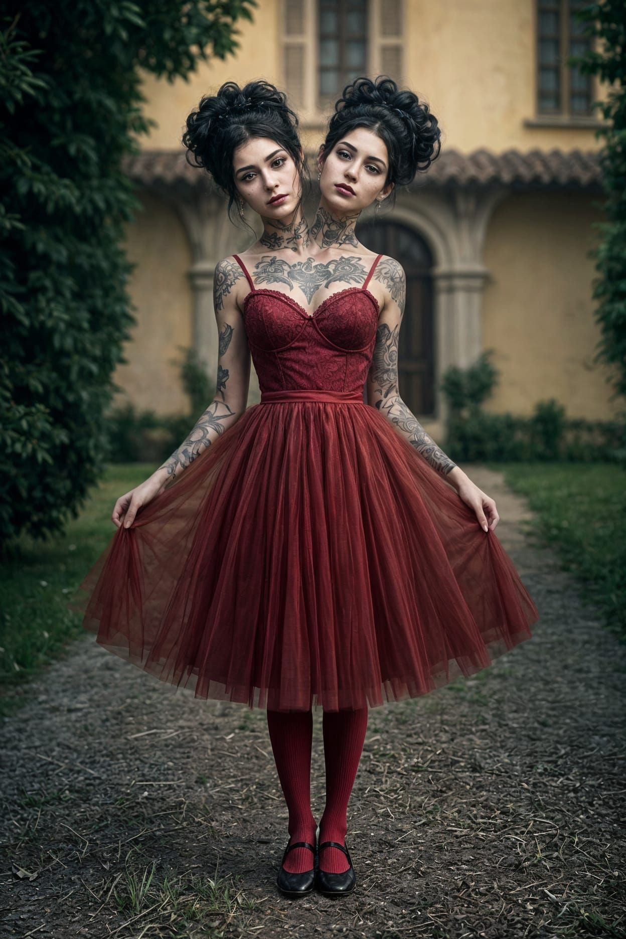 Surreal Portrait of Conjoined Twins in Red Attire with Intri...