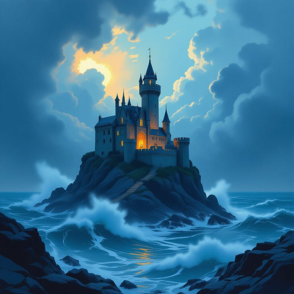 Stormy Castle on Rocks in Cubist-Romantic Style