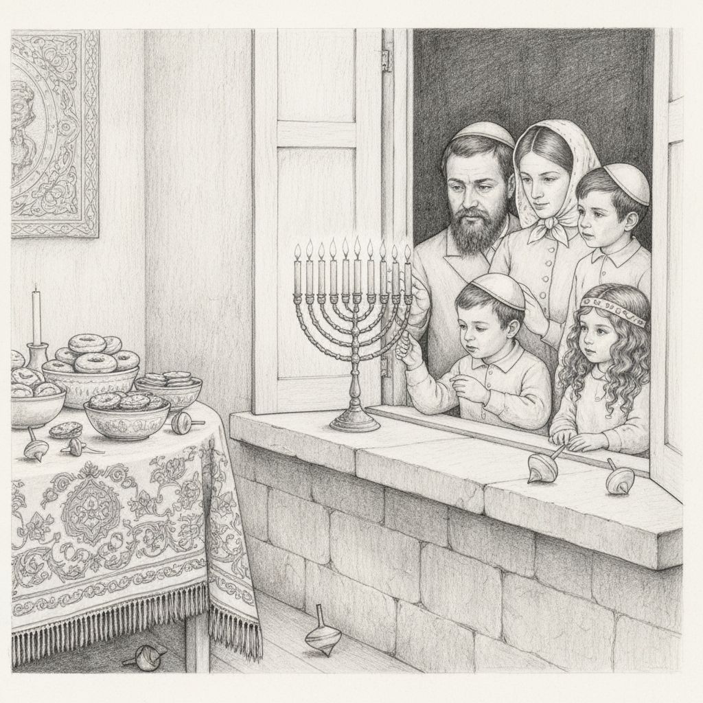 Chasidic Family Lighting Chanukah Candles in Pencil Art