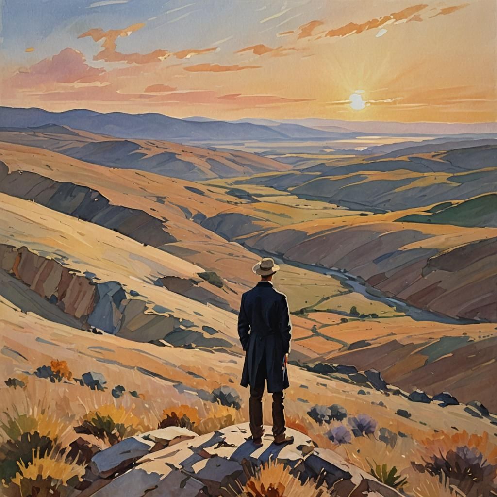 Contemplative Figure in Dramatic Landscape: Gouache Impressi...