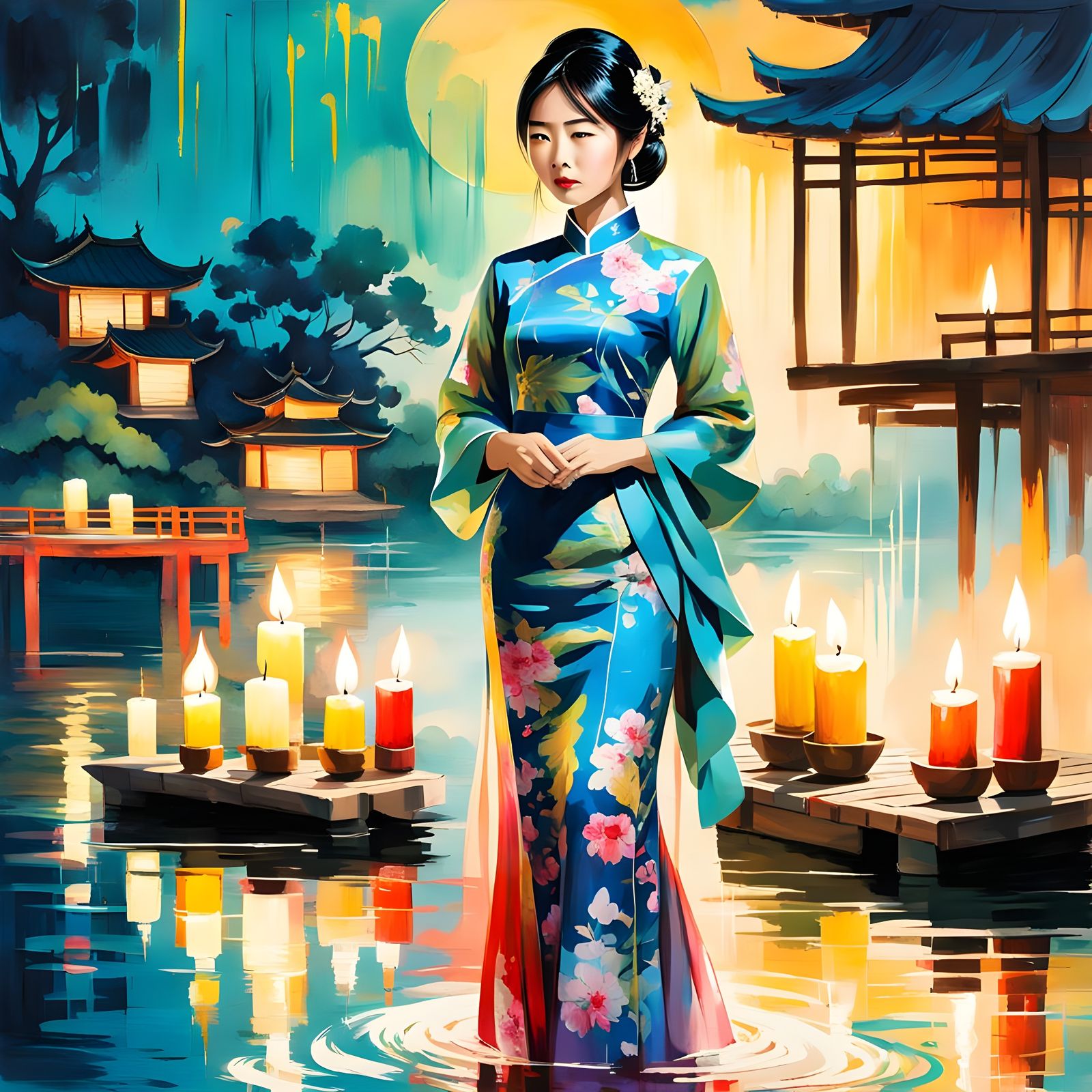 Asian Woman with Candles in Expressionist Style