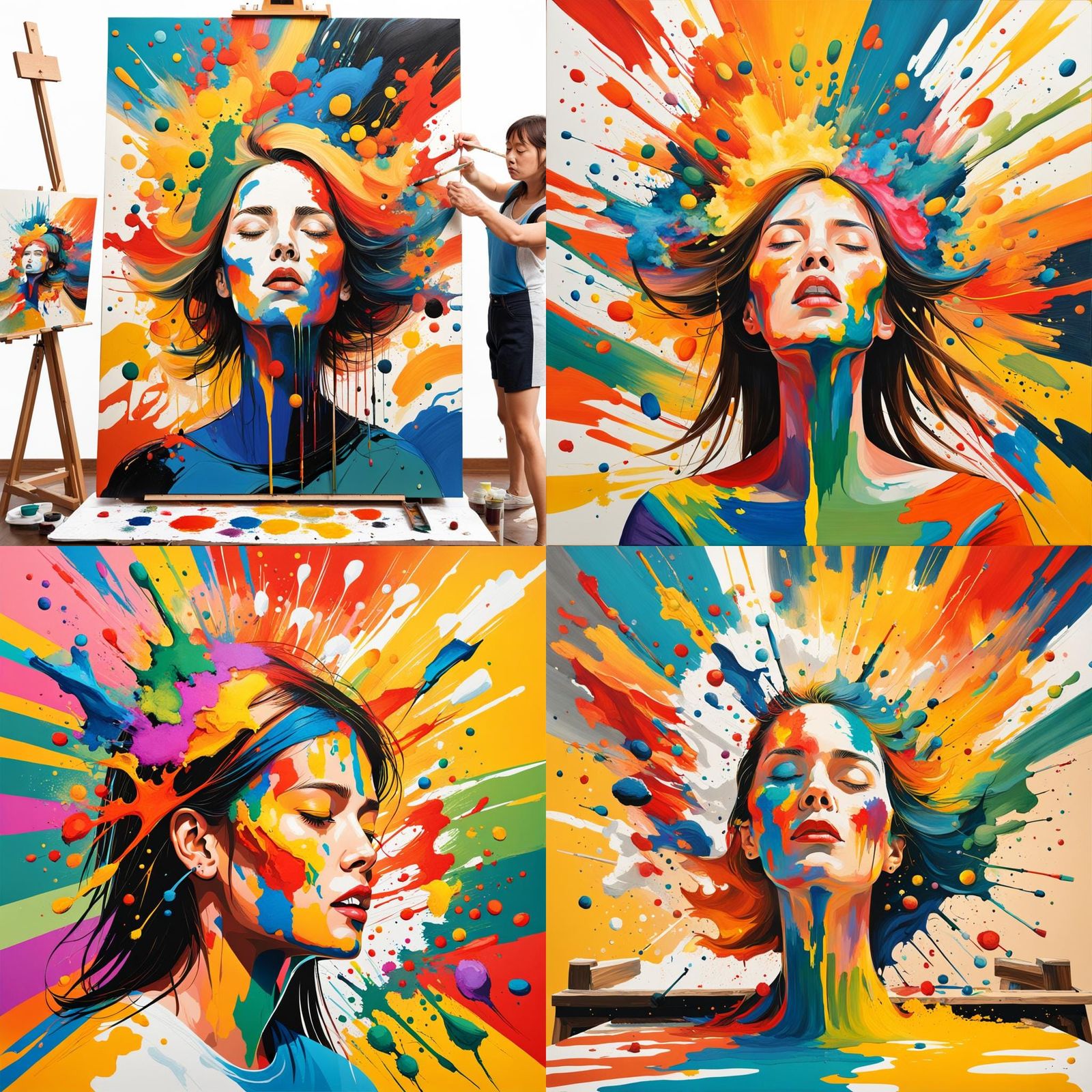 Colorful Abstract Woman Painting at Easel