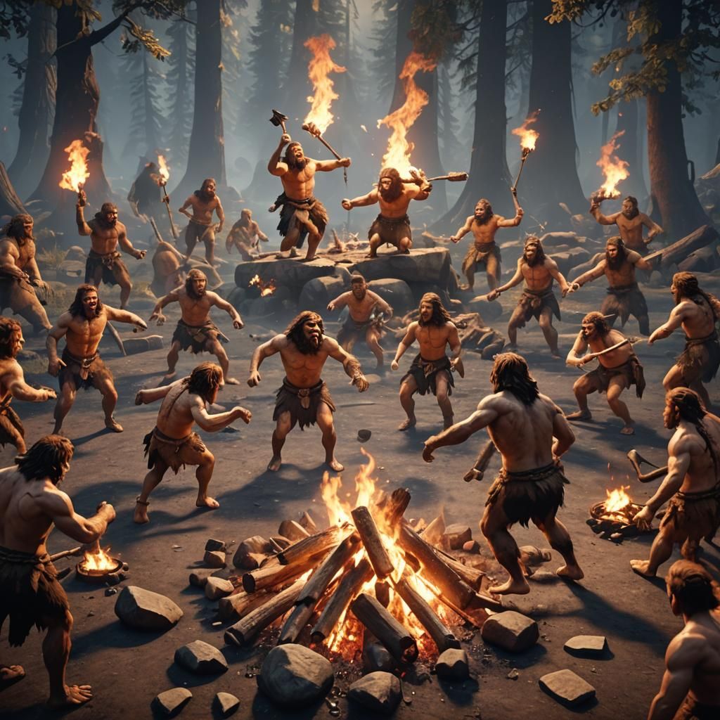 Cavemen Dance Around Fire in 3D Cinematic Style