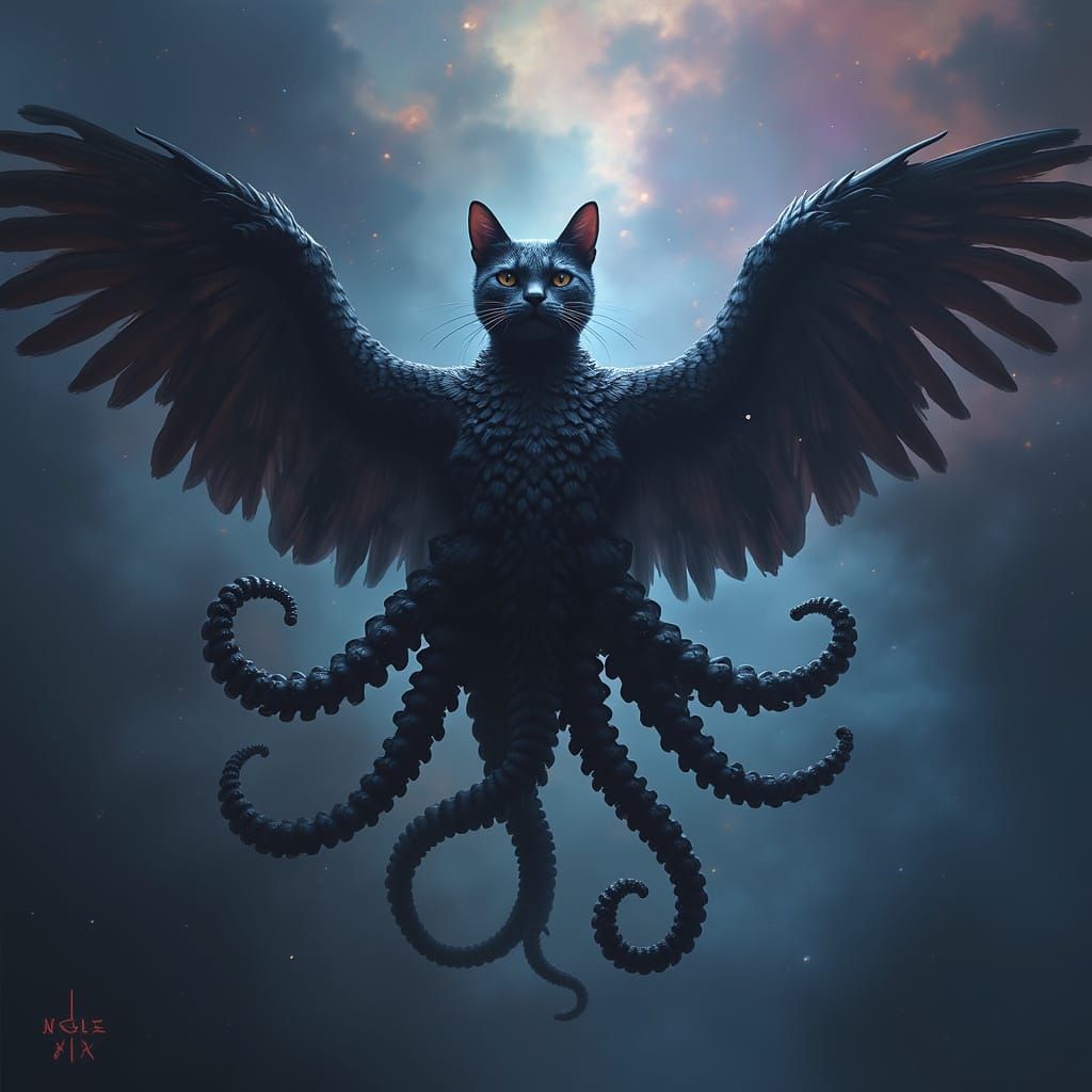Cat-Octopus Hybrid with Black Wings in Nebula