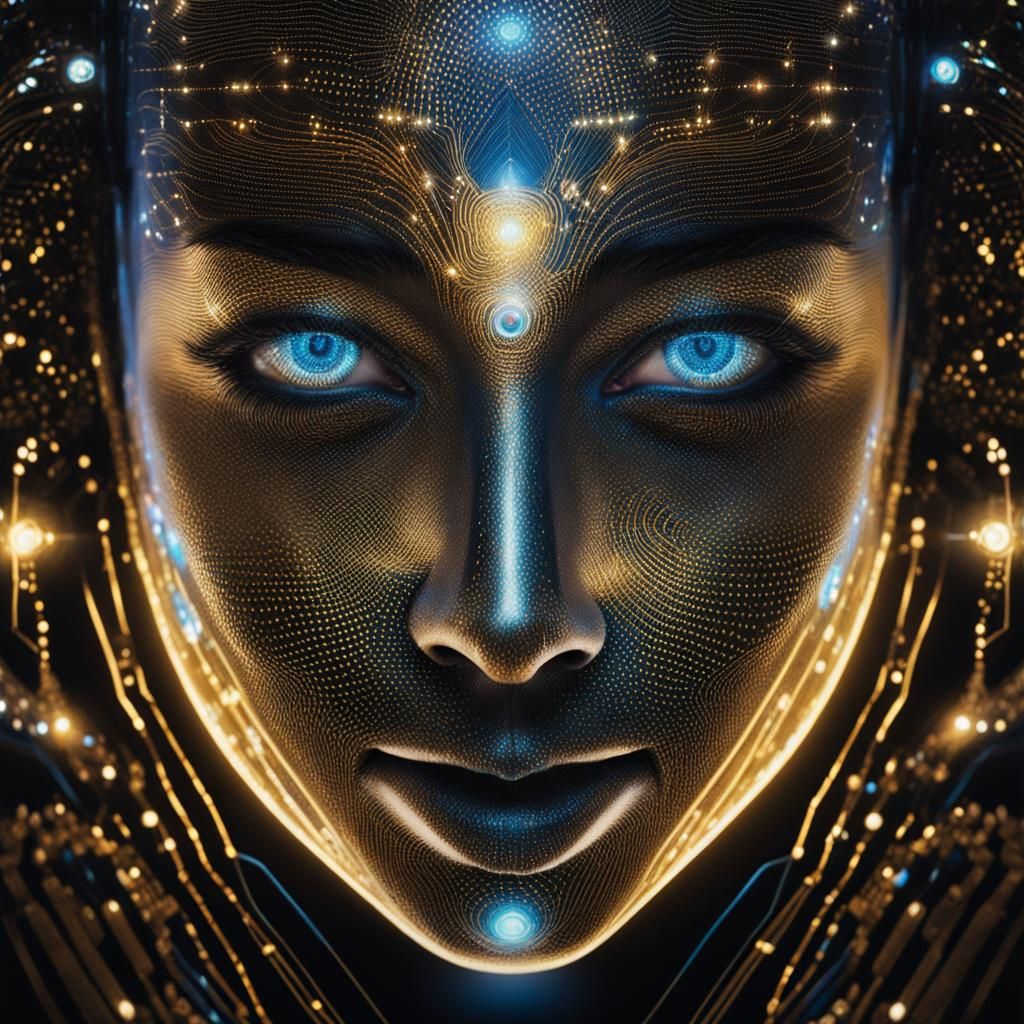 goldenes, kosmisches Gesicht mit stechend blauen Augen