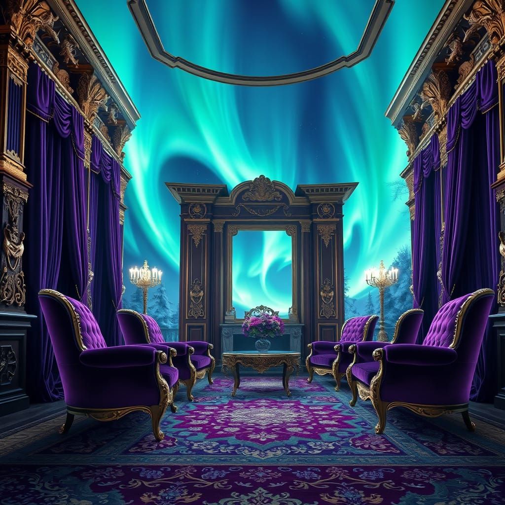 Whimsical Purple Chamber under Aurora Borealis