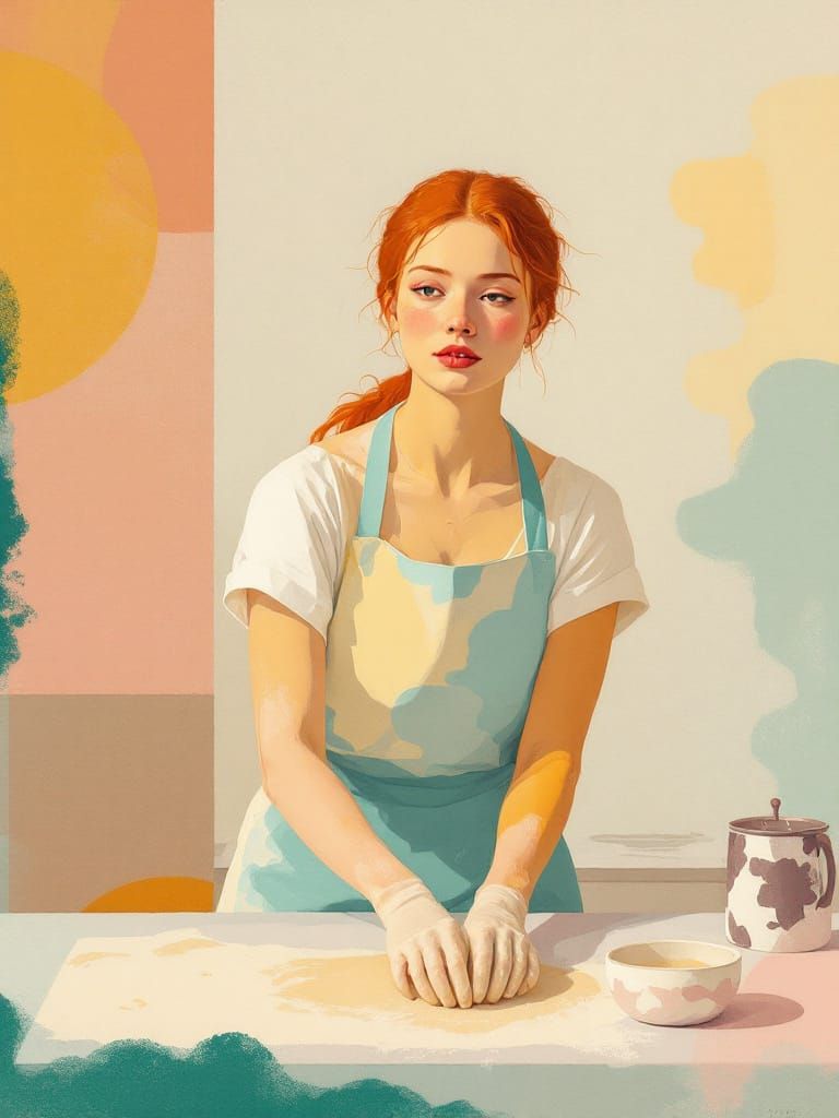 Redhead Baker Kneading Dough in Sunlit Kitchen