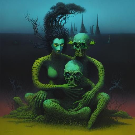 The Simpsons in a Beksinski-Inspired Gouache Painting