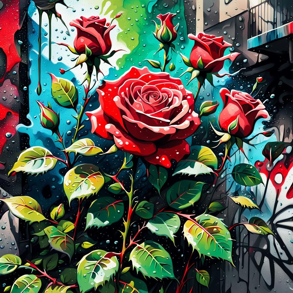 Red Rose Bush in Vibrant Street Art Style