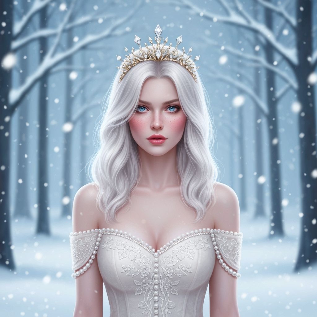 Ethereal Winter Princess in Snowy Forest, Fantasy Art