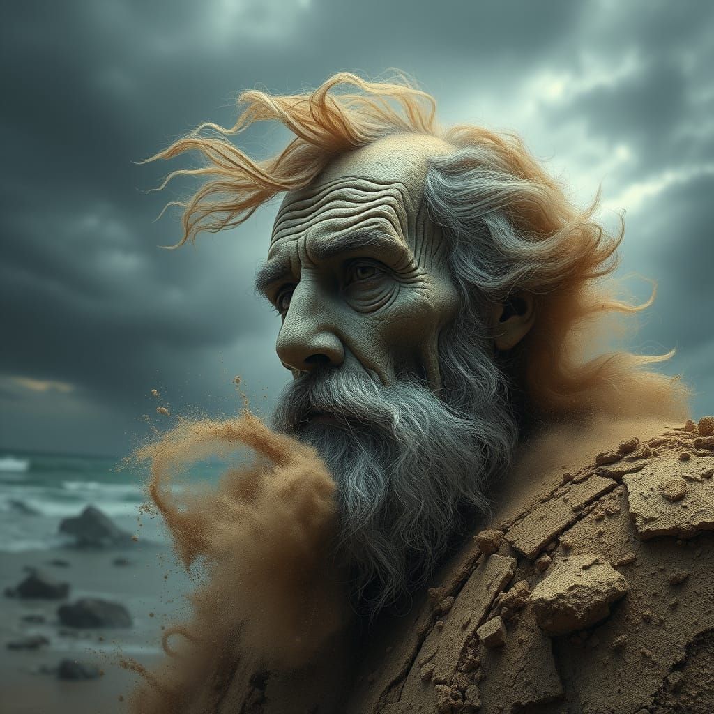 Dust Man Crumbling into Stormy Sea