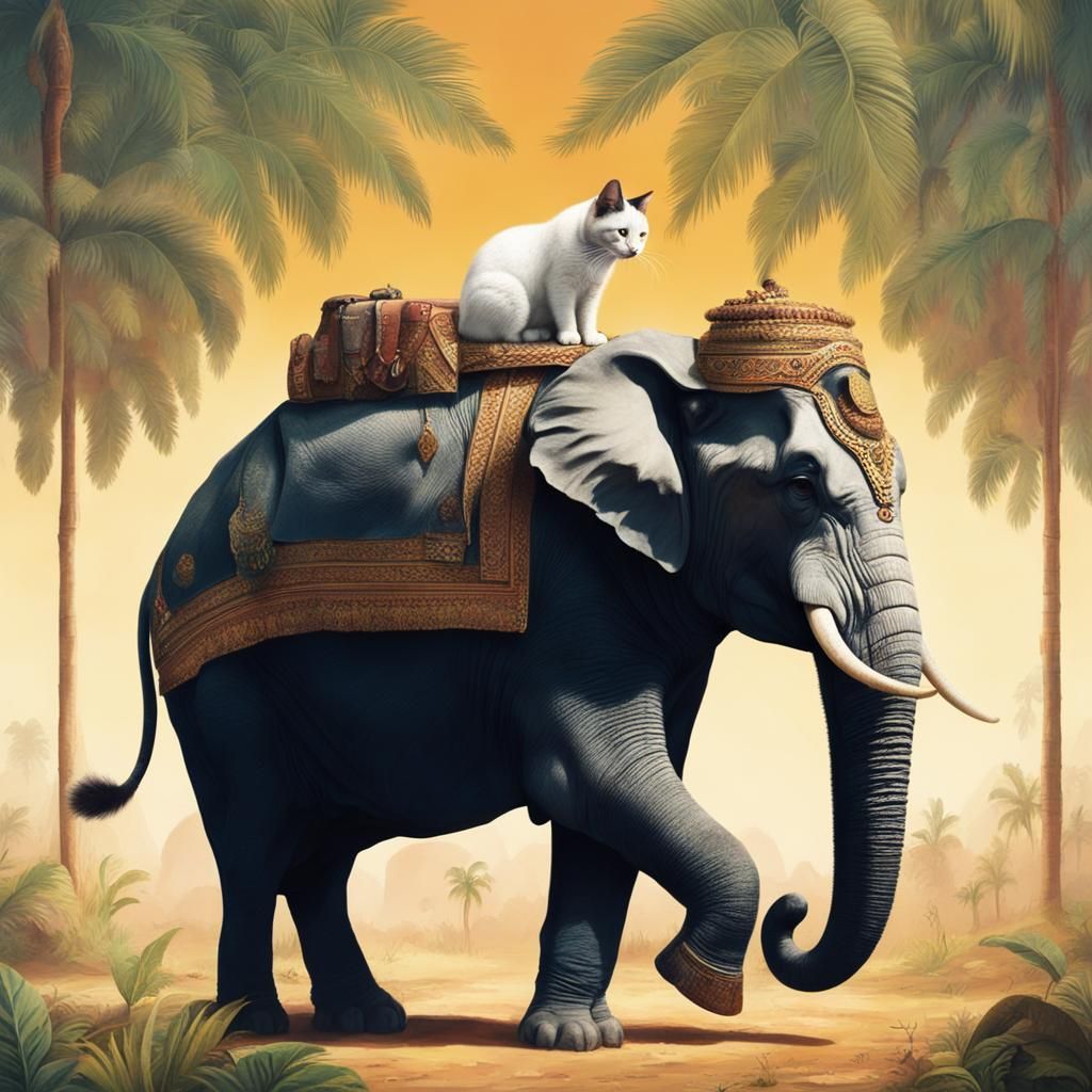 Cat Rides Elephant in Surreal Scene
