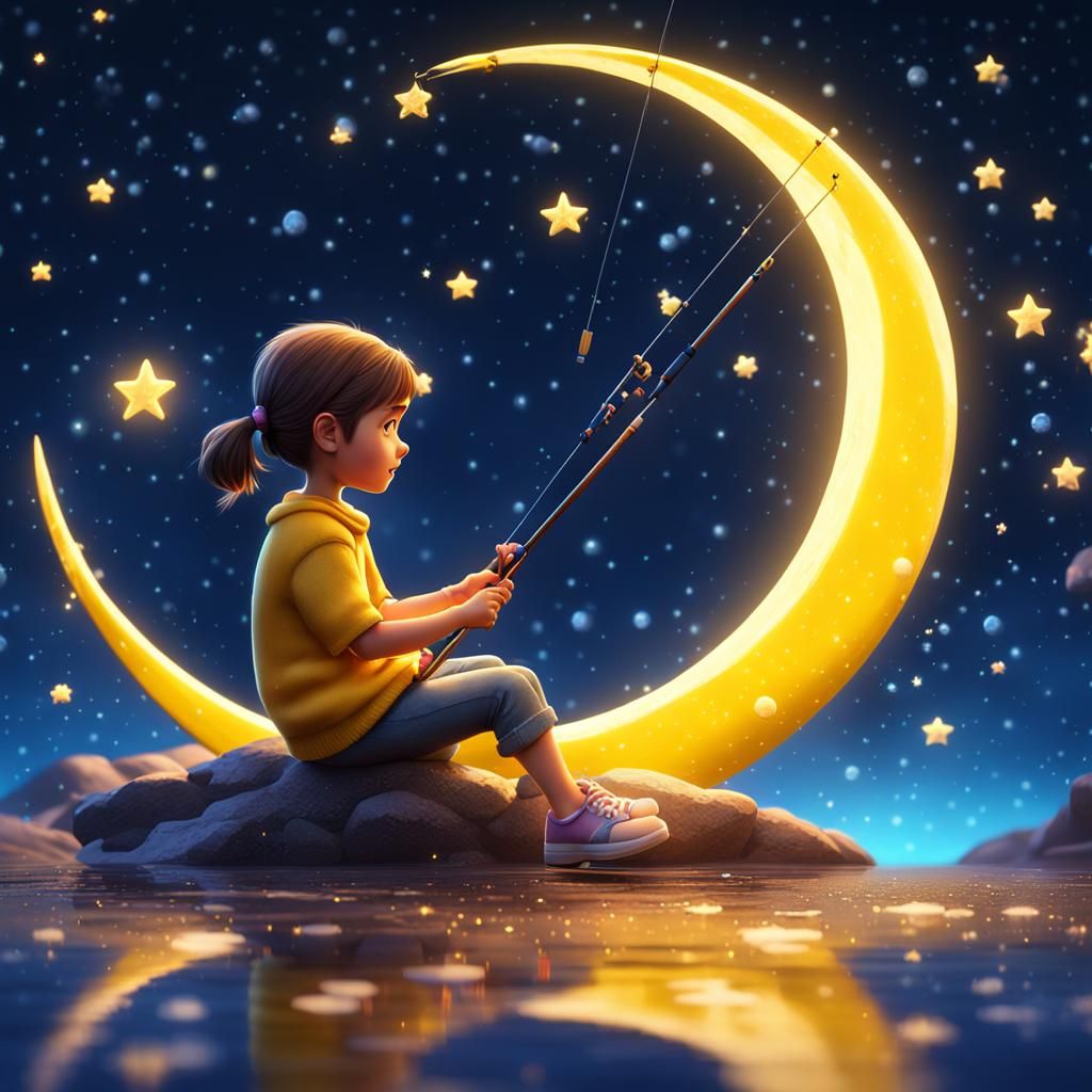 Girl Fishing for Stars on the Moon: 3D Render