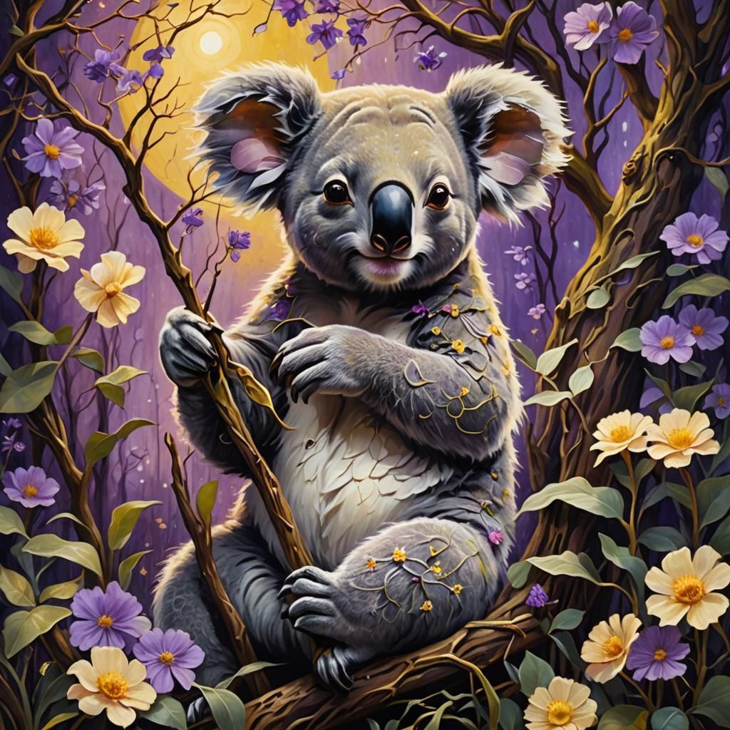 Koala in Mystical Garden: Art Nouveau Oil Painting