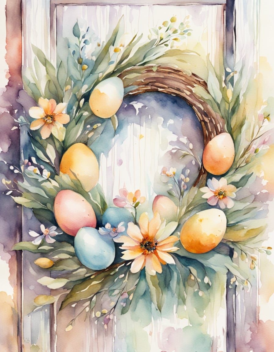Watercolor Easter Wreath in Whimsical Floral Patterns