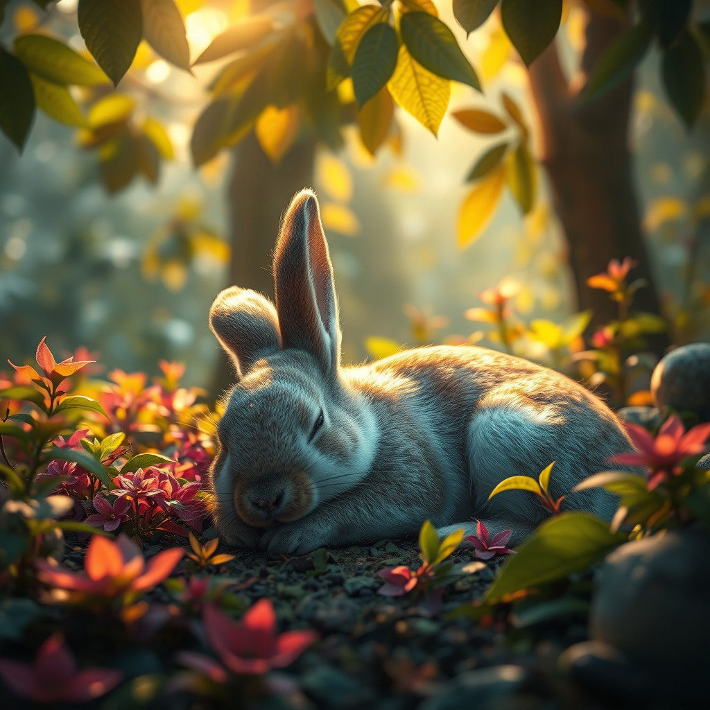 Rabbit Sleeping in Mystical Forest, Digital Art