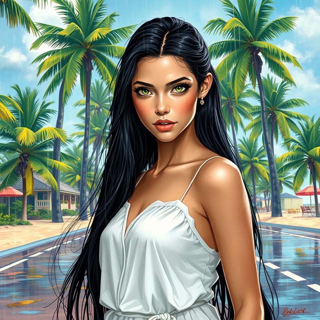 Young Woman in White Stands Under Palm Trees in the Rain