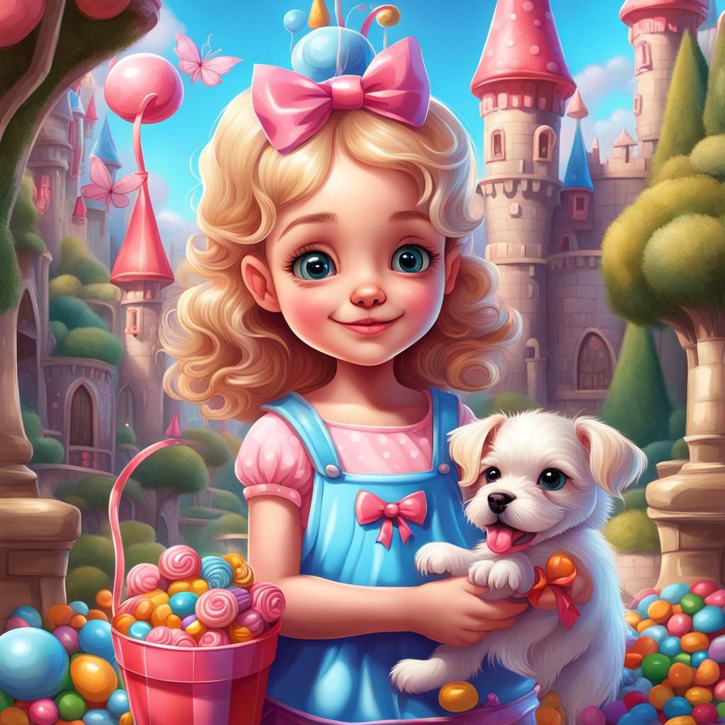 Sweet Girl with Puppy in Candyland Art Style