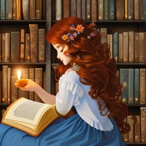 Fairy Reading in Library, Art Nouveau Style