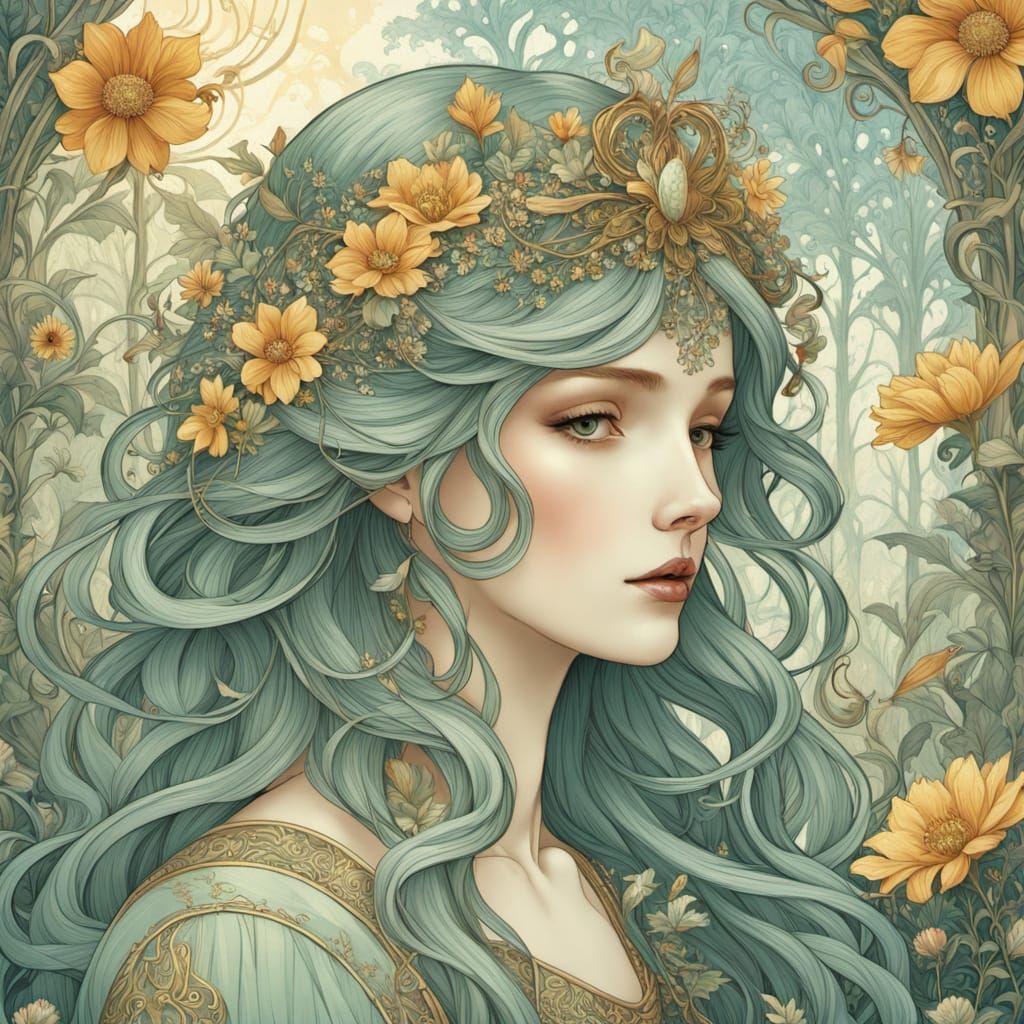 Ethereal Forest Queen in Whimsical Art Nouveau Style