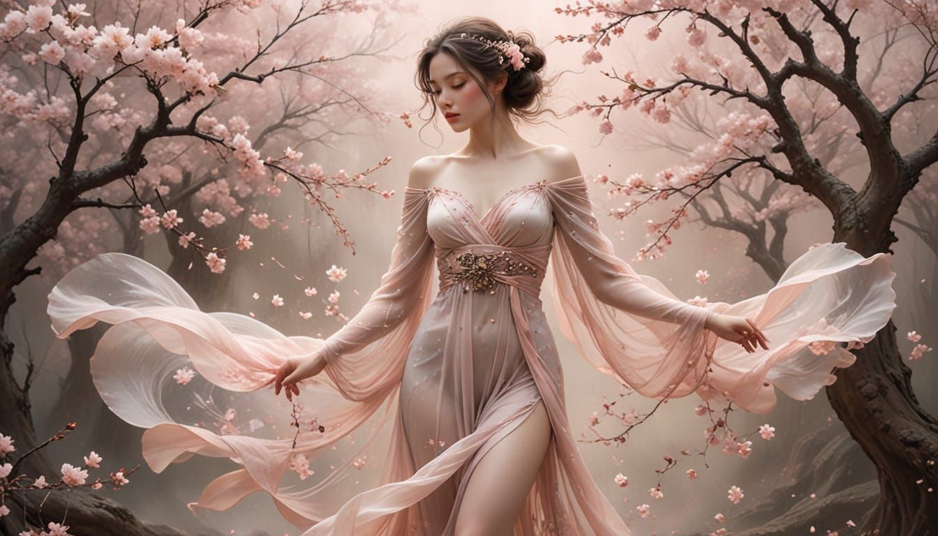 Ethereal Woman in Whimsical Cherry Blossom Dreamscape