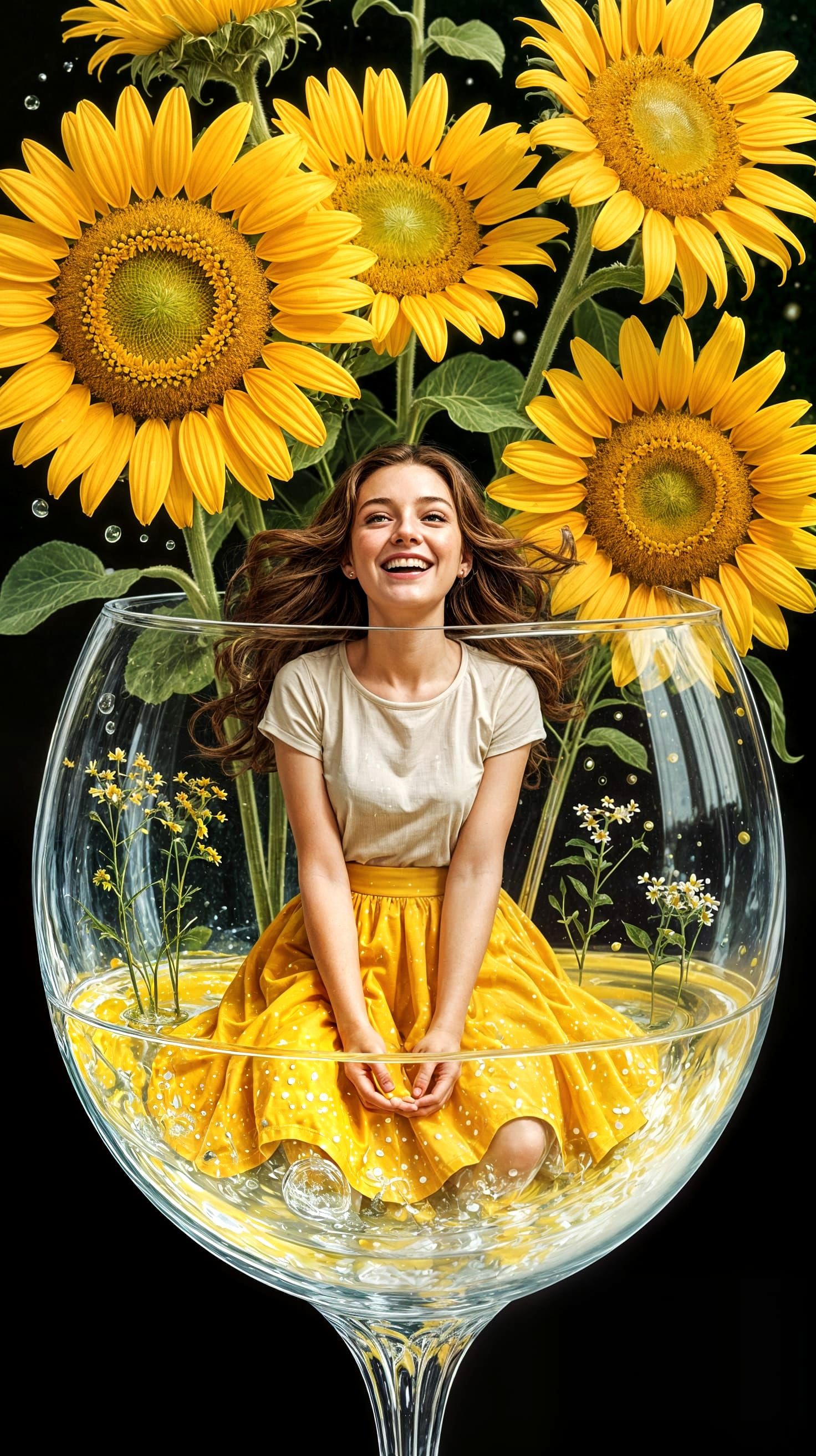 Woman in Glass with Sunflowers: Hyperrealistic Digital Art