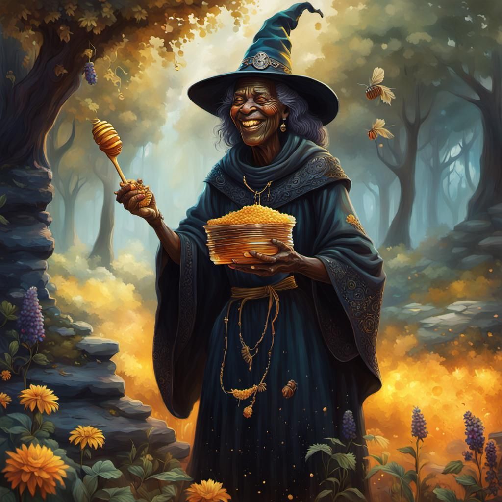 Hyperrealistic Witch Collecting Honey in Colorful Detail