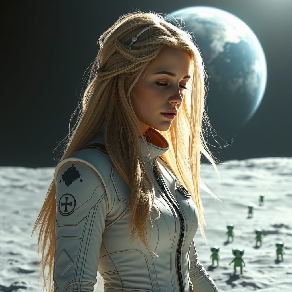 Austronat Astronaut Woman in Lunar Landscape with Tiny Alien...