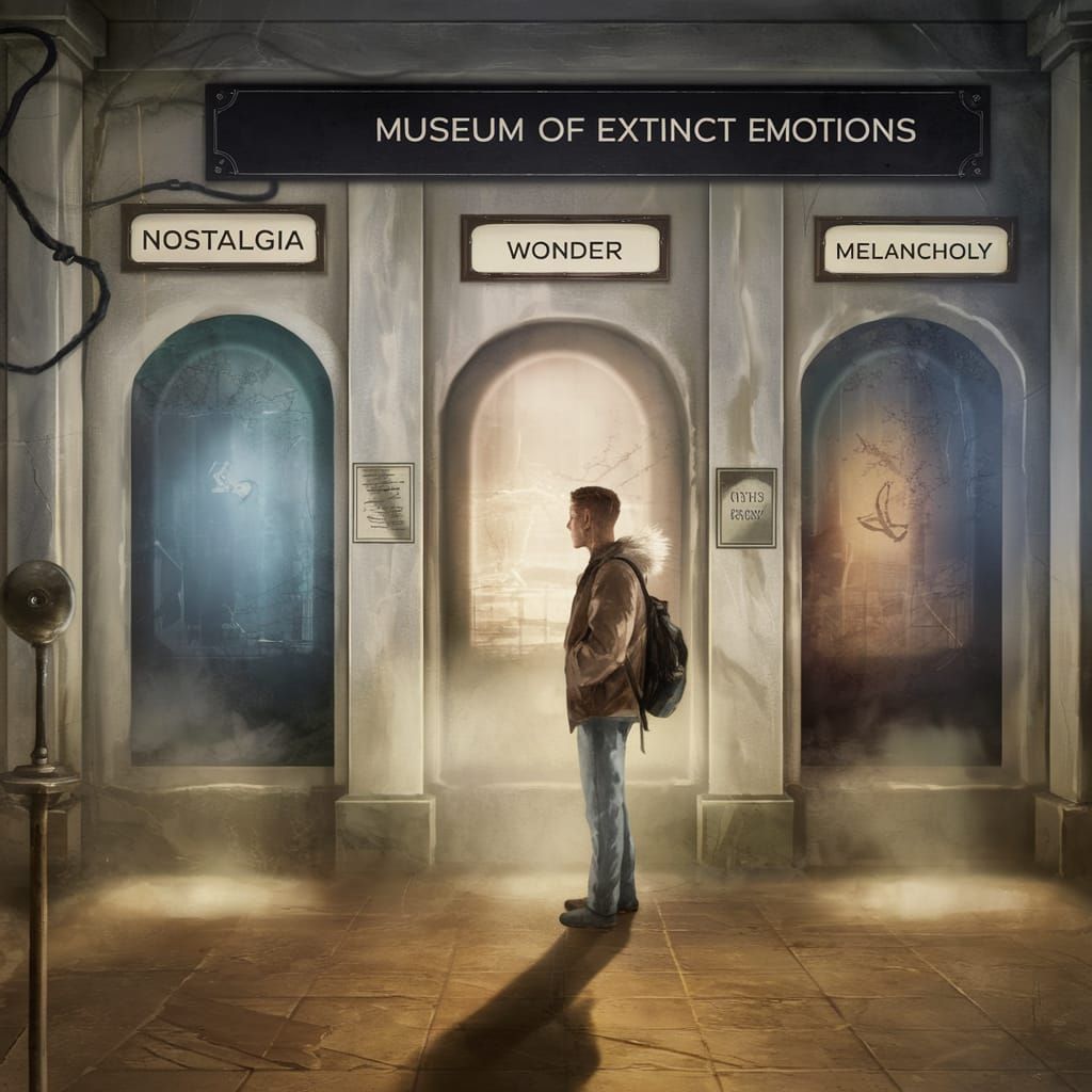 Mysterious Museum of Lost Emotions in a Dimly Lit Corridor